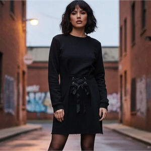 NEW Design Lab Black Long Sleeve Sweatshirt Dress w/Corset Tie Front Size XS